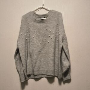 Pearl-Embellished Light Gray Crewneck Sweater